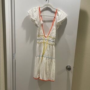 Anthropologie White Dress with Multicolor Trim
